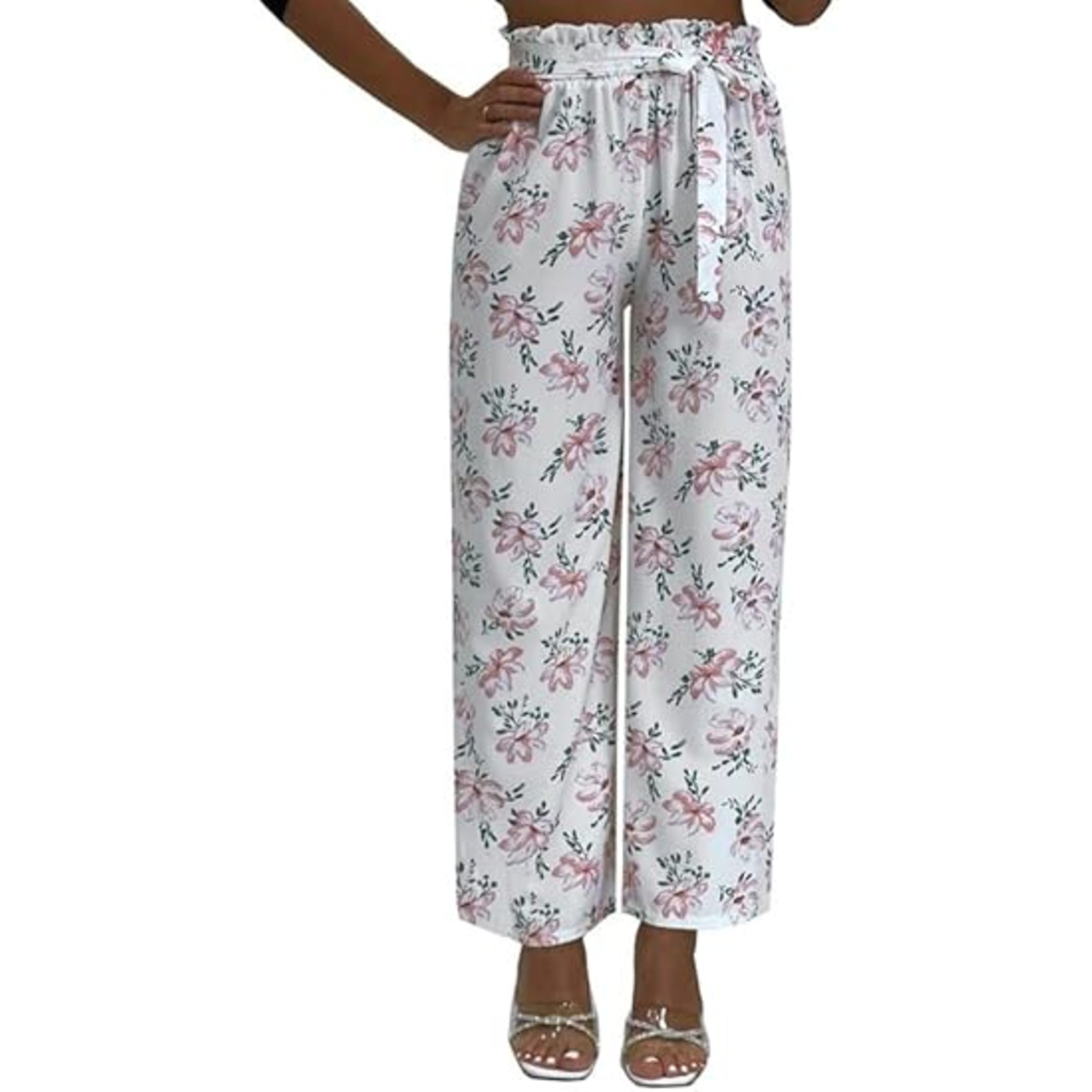 Ladies white floral summer trousers wide leg lightweight casual holiday pants with belt